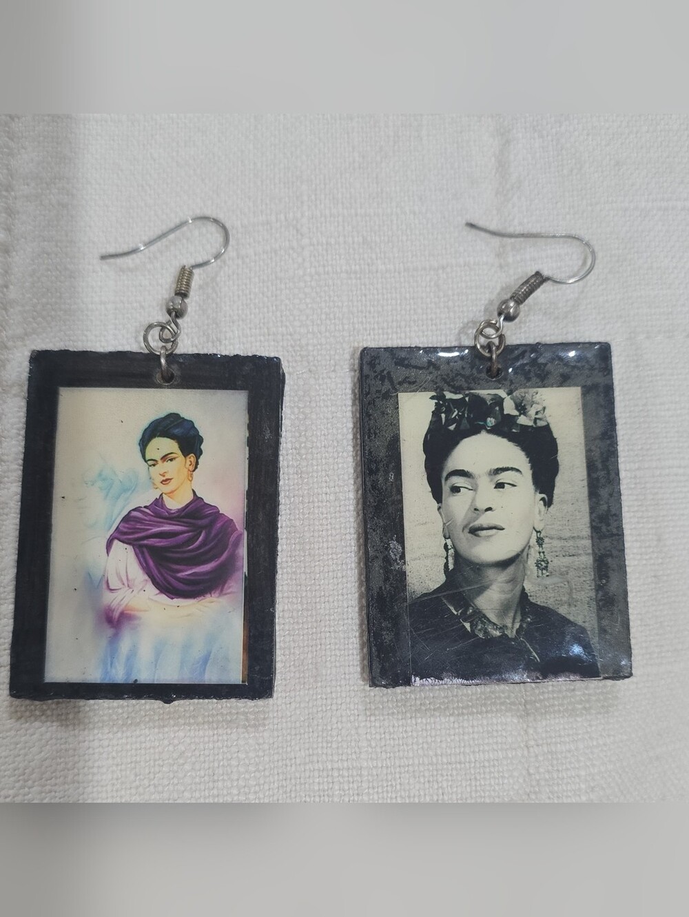VGT Frida Kahlo Earrings Large Black/White/Purple Handmade Polymer Clay